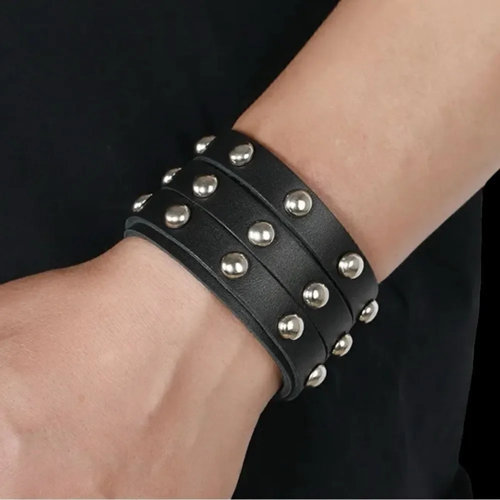 2 Silver Studded Black & Brown Leather Wrap/Band/Bracelet - Unise…